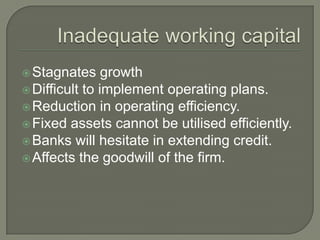  Stagnates     growth
 Difficult to implement operating plans.
 Reduction in operating efficiency.
 Fixed assets cannot be utilised efficiently.
 Banks will hesitate in extending credit.
 Affects the goodwill of the firm.
 