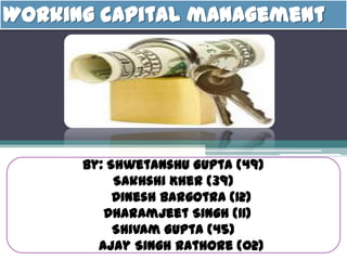 Working capital management
By: Shwetanshu Gupta (49)
Sakhshi Kher (39)
Dinesh Bargotra (12)
Dharamjeet Singh (11)
Shivam Gupta (45)
Ajay Singh Rathore (02)
 