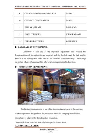 WORKING CAPITAL MANAGEMENT OF BAHETY CHEMICALS & MINERALS PVT. LTD., DANDELI.
BABASAB PATIL
- 29 -
9 CARBORENDAM UNIVERSAL LTD GUJRAT
10 CHEMECH CORPORATION SANGLI
11 DEEPAK NITRATE DHARWAD
12 EXCEL TRADERS ICHALKARANJI
13 FARMER BROTHERS KOLHAPUR
 LABORATORY DEPARTMENT:
Laboratory is also one of the important department here because this
department is used for testing the raw materials and the finished goods for their quality.
There is a lab incharge that looks after all the functions of the laboratory. Lab incharge
has certain other workers under him who help him in executing his functions.
 PRODUCTION DEPARTMENT:
The Production department is one of the important department in the company.
It is the department that produces the product on which the company is established.
Special care is taken in this department on production.
List of critical raw materials presently in the production of Alum.
RAW MATERIALS USED:
 