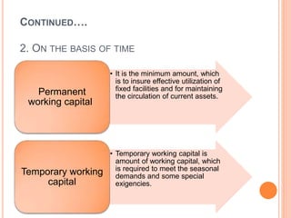 CONTINUED…. 
2. ON THE BASIS OF TIME 
• It is the minimum amount, which 
is to insure effective utilization of 
fixed facilities and for maintaining 
the circulation of current assets. Permanent 
working capital 
• Temporary working capital is 
amount of working capital, which 
is required to meet the seasonal 
demands and some special 
exigencies. 
Temporary working 
capital 
 