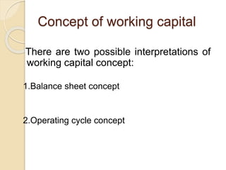 Concept of working capital
There are two possible interpretations of
working capital concept:
1.Balance sheet concept
2.Operating cycle concept
 