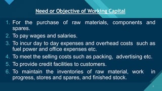 Click to edit Master title style
4
Need or Objective of Working Capital
4
1. For the purchase of raw materials, components and
spares.
2. To pay wages and salaries.
3. To incur day to day expenses and overhead costs such as
fuel power and office expenses etc.
4. To meet the selling costs such as packing, advertising etc.
5. To provide credit facilities to customers.
6. To maintain the inventories of raw material, work in
progress, stores and spares, and finished stock.
 