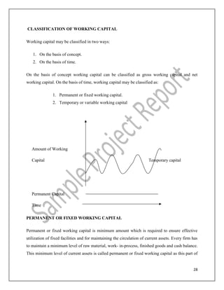 28
CLASSIFICATION OF WORKING CAPITAL
Working capital may be classified in two ways:
1. On the basis of concept.
2. On the basis of time.
On the basis of concept working capital can be classified as gross working capital and net
working capital. On the basis of time, working capital may be classified as:
1. Permanent or fixed working capital.
2. Temporary or variable working capital
Amount of Working
Capital Temporary capital
Permanent Capital
Time
PERMANENT OR FIXED WORKING CAPITAL
Permanent or fixed working capital is minimum amount which is required to ensure effective
utilization of fixed facilities and for maintaining the circulation of current assets. Every firm has
to maintain a minimum level of raw material, work- in-process, finished goods and cash balance.
This minimum level of current assets is called permanent or fixed working capital as this part of
 