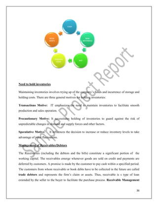 36
Need to hold inventories
Maintaining inventories involves trying up of the company’s funds and incurrence of storage and
holding costs. There are three general motives for holding inventories:
Transactions Motive: IT emphasizes the need to maintain inventories to facilitate smooth
production and sales operation.
Precautionary Motive: It necessitates holding of inventories to guard against the risk of
unpredictable changes in demand and supply forces and other factors.
Speculative Motive: It influences the decision to increase or reduce inventory levels to take
advantage of price fluctuations.
Management of Receivables/Debtors
The Receivables (including the debtors and the bills) constitute a significant portion of the
working capital. The receivables emerge whenever goods are sold on credit and payments are
deferred by customers. A promise is made by the customer to pay cash within a specified period.
The customers from whom receivable or book debts have to be collected in the future are called
trade debtors and represents the firm’s claim or assets. Thus, receivable is s type of loan
extended by the seller to the buyer to facilitate the purchase process. Receivable Management
CASH
RAW
MATERIALS
WIP
FINISHED
GODS
BOOK
DEBTS
 