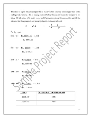 54
if this ratio is higher it means company has to check whether company is making payment within
credit period available. If it is making payment before the due date means the company is not
taking full advantage of it credit period and if company making the payment the period that
indicates that the company is not taking the benefit of discount allowed.
′
=
For the year:
2012 - 13= Rs. 118961.16 = 3.33:1
Rs. 35756.98
2011 - 12= Rs. 108270 = 4.62:1
Rs. 23417.51
2010 - 11 = Rs. 92301.09 = 5.47:1
Rs. 16835.53
2009 - 10 = Rs. 69043.43 = 5.49:1
Rs. 12563.50
2008 - 09 = Rs. 52715.92 = 3.96:1
Rs. 13283.95
YEARS CREDITOR’S TURNOVER RATI
2012 - 13 3.33:1
2011 - 12 4.62:1
 