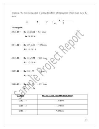 56
inventory. The ratio is important in joining the ability of management which it can move the
stock.
=
For the year:
2012 - 13 = Rs. 151224.01 = 7.51 times
Rs. 20109.61
2011 - 12 = Rs. 137146.66 = 7.17 times
Rs. 19126.14
2010 - 11 = Rs. 111692.72 = 9.20 times
Rs. 12136.51
2009 - 10 = Rs. 81211.33 = 8 times
Rs. 10119.82
2008 - 09 = Rs. 66051.30 = 8.91 times
Rs. 7412.88
YEARS INVENTORY TURNOVER RATIO
2012 - 13 7.51 times
2011 - 12 7.17 times
2010 - 11 9.20 times
 