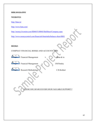 67
BIBLIOGRAPHY
WEBSITES
http://bata.in/
http://www.bata.com/
http://money.livemint.com/IID60/F100043/BalSheet/Company.aspx
http://www.moneycontrol.com/financials/bataindia/balance-sheet/BI01
BOOKS
COMPNAY FINANCIAL BOOKS AND ACCOUNTS AND
Financial Management Khan & in
Financial Management I.M.Pandey
Research Methodology C.R.Kothari
THANK YOU SO MUCH FOR YOUR VALUABLE SUPPORT!!!
 