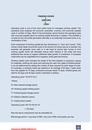 FINISHED GOODS

                                      DEBTORS

                                        CASH

Operating cycle is one of the most useful tools for managing working capital. The
operating cycle analyzes the accounts receivable, inventory and accounts payable
cycle in number of days. Most of the businesses cannot finance the operating cycle
with accounts payable alone so working capital financing is needed. This shortfall is
covered by the net profits generated internally or by externally borrowed funds or by
combination of two.

Each component of working capital has two dimensions i.e. ‘time’ and ‘money’. If the
money moves faster around the cycle or the amount of money tied up is reduced, the
business will generate more cash or it will need to borrow less money to fund
working capital which will ultimately reduce bank interest or the entity will have
additional free money to support additional sales growth or investment. If increased
credit limits can be negotiated from suppliers, entity gets free finance.

Working capital cycle indicates the length of the time between a company’s paying
for materials, entering into stock and receiving the cash from sales of finished goods.
It can be determined by adding the number of days required for each stage of cycle.
For example, a company holds raw material on an average of 60 days, it gets credit
from the supplier for 15 days, production process needs 15 days, finished goods are
held for 30 days and 30 days credit is extended to debtors.

Operating cycle = R+W+F+D-C

Where,

R= Raw material storage period

W= Working capital holding period

F= Finished goods storage period

D= Debtors collection period

C= Credit period availed

Operating cycle= 60+15+30+30-15

                = 120 days.

Now the above components may be calculated as:

RM storage period = Avg stock of RM / Avg cost of RM consumption per day




roshankumar.2007@rediffmail.com
 