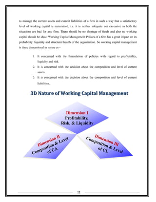 to manage the current assets and current liabilities of a firm in such a way that a satisfactory
level of working capital is maintained, i.e. it is neither adequate nor excessive as both the
situations are bad for any firm. There should be no shortage of funds and also no working
capital should be ideal. Working Capital Management Polices of a firm has a great impact on its
probability, liquidity and structural health of the organization. So working capital management
is three dimensional in nature as -
1. It concerned with the formulation of policies with regard to profitability,
liquidity and risk.
2. It is concerned with the decision about the composition and level of current
assets.
3. It is concerned with the decision about the composition and level of current
liabilities.
22
 