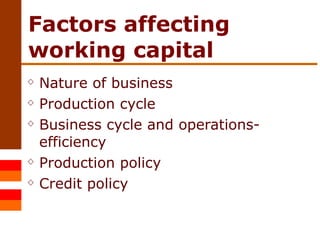 Factors affecting working capital Nature of business Production cycle Business cycle and operations-efficiency Production policy Credit policy 