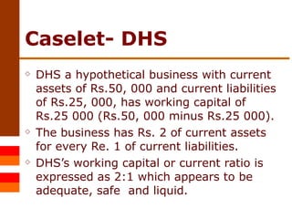 Caselet- DHS DHS a hypothetical business with current assets of Rs.50, 000 and current liabilities of Rs.25, 000, has working capital of Rs.25 000 (Rs.50, 000 minus Rs.25 000).  The business has Rs. 2 of current assets for every Re. 1 of current liabilities.  DHS’s working capital or current ratio is expressed as 2:1 which appears to be adequate, safe  and liquid. 