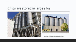 Chips are stored in large silos
Storage capacity of silos = 400 MT
 