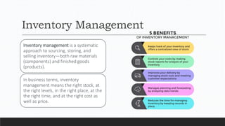 Inventory Management
Inventory management is a systematic
approach to sourcing, storing, and
selling inventory—both raw materials
(components) and finished goods
(products).
In business terms, inventory
management means the right stock, at
the right levels, in the right place, at the
the right time, and at the right cost as
well as price.
 