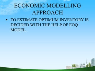 ECONOMIC MODELLING
APPROACH
 TO ESTIMATE OPTIMUM INVENTORY IS
DECIDED WITH THE HELP OF EOQ
MODEL.
 
