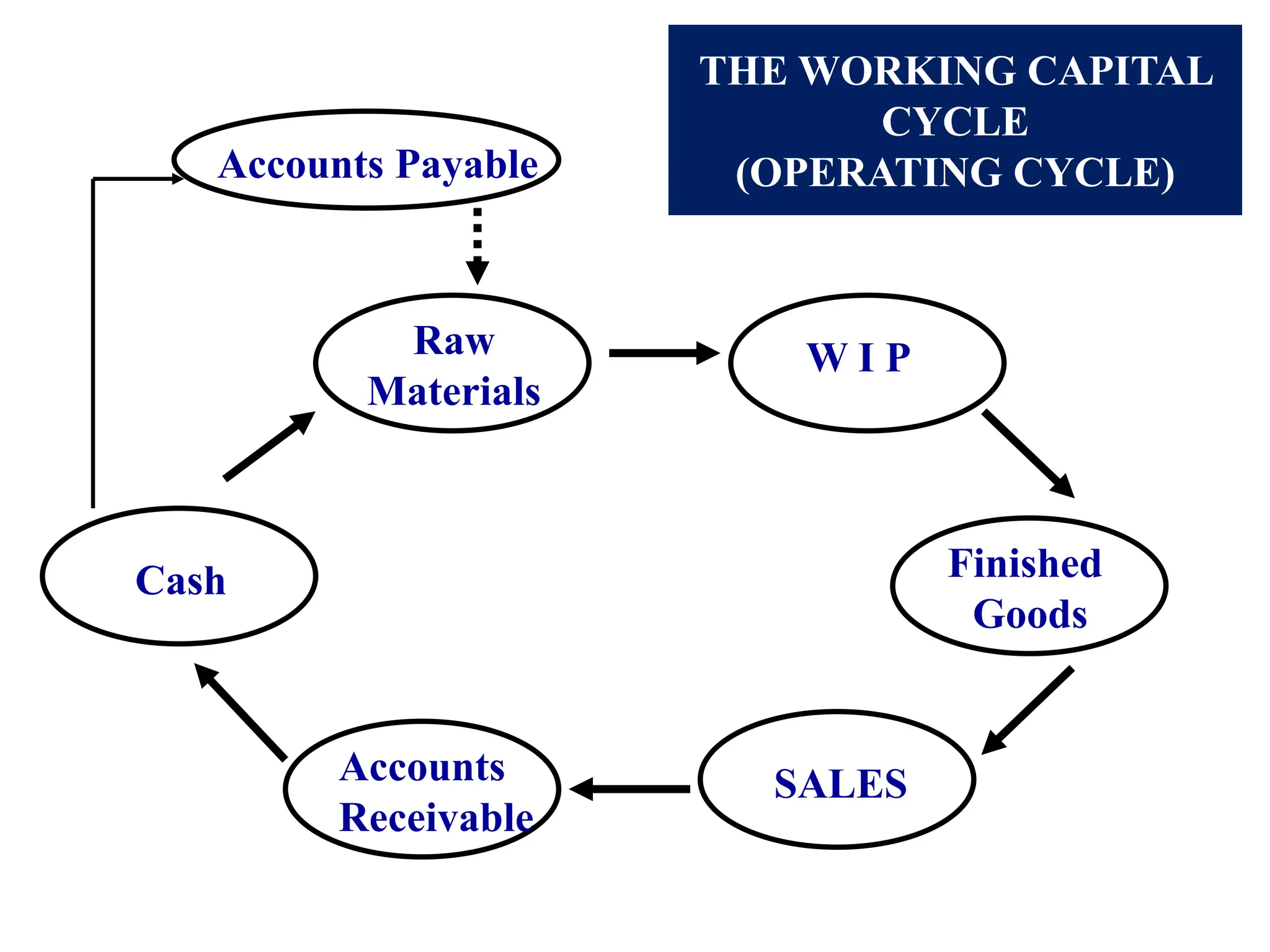 THE WORKING CAPITAL
CYCLE
(OPERATING CYCLE)
Accounts Payable
Cash
Raw
Materials
W I P
Finished
Goods
Accounts
Receivable
SALES
 