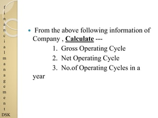 f
i
n
a
n
c
i
a
l
m
a
n
a
g
e
m
e
n
t
DSK
 From the above following information of
Company , Calculate ---
1. Gross Operating Cycle
2. Net Operating Cycle
3. No.of Operating Cycles in a
year
 