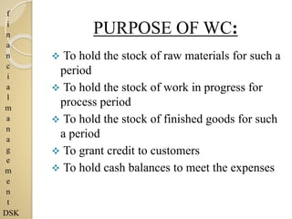 f
i
n
a
n
c
i
a
l
m
a
n
a
g
e
m
e
n
t
DSK
PURPOSE OF WC:
 To hold the stock of raw materials for such a
period
 To hold the stock of work in progress for
process period
 To hold the stock of finished goods for such
a period
 To grant credit to customers
 To hold cash balances to meet the expenses
 