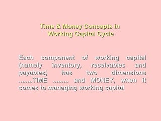 Time & Money Concepts inTime & Money Concepts in
Working Capital CycleWorking Capital Cycle
Each component of working capitalEach component of working capital
(namely inventory, receivables and(namely inventory, receivables and
payables) has two dimensionspayables) has two dimensions
........TIME ......... and MONEY, when it........TIME ......... and MONEY, when it
comes to managing working capitalcomes to managing working capital
 