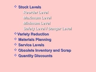  Stock LevelsStock Levels
Reorder LevelReorder Level
Maximum LevelMaximum Level
Minimum LevelMinimum Level
Safety Level / Danger LevelSafety Level / Danger Level
Variety ReductionVariety Reduction
 Materials PlanningMaterials Planning
 Service LevelsService Levels
 Obsolete Inventory and ScrapObsolete Inventory and Scrap
 Quantity DiscountsQuantity Discounts
 