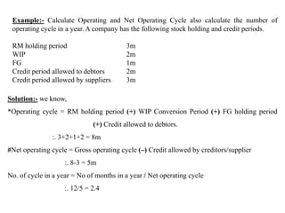 Solution:- we know,
*Operating cycle = RM holding period (+) WIP Conversion Period (+) FG holding period
(+) Credit allowed to debtors.
:. 3+2+1+2 = 8m
#Net operating cycle = Gross operating cycle (–) Credit allowed by creditors/supplier
:. 8-3 = 5m
No. of cycle in a year = No of months in a year / Net operating cycle
:. 12/5 = 2.4
Example:- Calculate Operating and Net Operating Cycle also calculate the number of
operating cycle in a year. A company has the following stock holding and credit periods.
RM holding period 3m
WIP 2m
FG 1m
Credit period allowed to debtors 2m
Credit period allowed by suppliers 3m
 