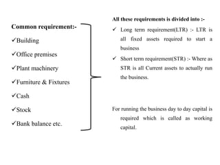 All these requirements is divided into :-
 Long term requirement(LTR) :- LTR is
all fixed assets required to start a
business
 Short term requirement(STR) :- Where as
STR is all Current assets to actually run
the business.
For running the business day to day capital is
required which is called as working
capital.
Common requirement:-
Building
Office premises
Plant machinery
Furniture & Fixtures
Cash
Stock
Bank balance etc.
 