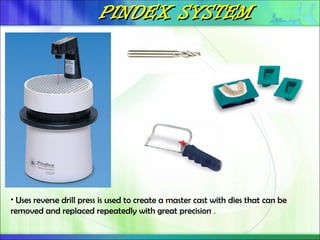 PINDEX SYSTEM
PINDEX SYSTEM
• Uses reverse drill press is used to create a master cast with dies that can be
removed and replaced repeatedly with great precision .
 
