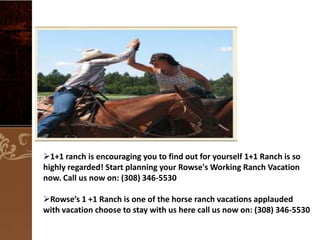 1+1 ranch is encouraging you to find out for yourself 1+1 Ranch is so
highly regarded! Start planning your Rowse's Working Ranch Vacation
now. Call us now on: (308) 346-5530
Rowse’s 1 +1 Ranch is one of the horse ranch vacations applauded
with vacation choose to stay with us here call us now on: (308) 346-5530

 