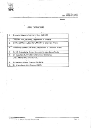 'FSDC Secretariat
DEA, Ministry ofFinance
. .
---------------·····-··-····------ -------··---·---··-··--·······-----------···········-·•···--·---········
Annex
LIST OF PARTICIPANTS
j •
1 Dr. Arvind Mayaram, Secretary, DEA· IN CHAIR
2 Shri Sumit Bose, Secretary, Department of Revenue
3 Shri Naved Masood, Secretary,_Ministry of Corporate Affairs
4 Shri Panl<aj Agrawala, Secretary, Department of Consumer Affairs
5 Dr. K.C. Chal<rabarty, Deputy Governor, Reserve Bank of India
6 Dr. Rajan Katoch, Director, Enforcement Directorate
7 Dr C.S. Mohapatra, Adviser (FSDC)
,
8. Shri Anupam M ishra, Director (SM &UTI)
9. Sh. Satyen Lama; Joint Director (FSDC)
:S:i :!?-dll 1 nz1·719A?iJ nn:n:rm:»
- C
1
meering at c:;µeciai Tt>ani of Sec;::,.,m~!. Pa9 °
 