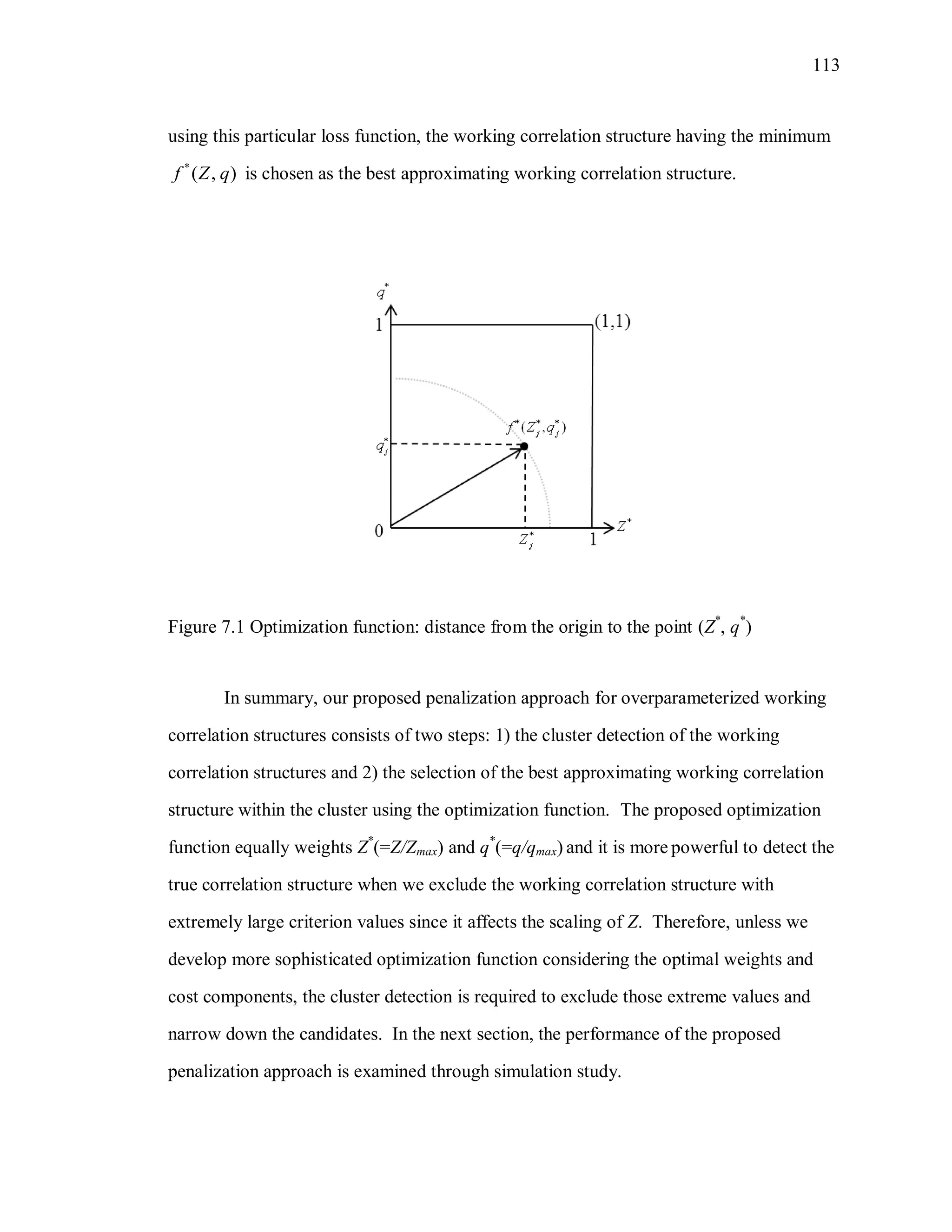 113
using this particular loss function, the working correlation structure having the minimum
*
( , )f Z q is chosen as the best approximating working correlation structure.
Figure 7.1 Optimization function: distance from the origin to the point (Z*
, q*
)
In summary, our proposed penalization approach for overparameterized working
correlation structures consists of two steps: 1) the cluster detection of the working
correlation structures and 2) the selection of the best approximating working correlation
structure within the cluster using the optimization function. The proposed optimization
function equally weights Z*
(=Z/Zmax) and q*
(=q/qmax) and it is more powerful to detect the
true correlation structure when we exclude the working correlation structure with
extremely large criterion values since it affects the scaling of Z. Therefore, unless we
develop more sophisticated optimization function considering the optimal weights and
cost components, the cluster detection is required to exclude those extreme values and
narrow down the candidates. In the next section, the performance of the proposed
penalization approach is examined through simulation study.
 