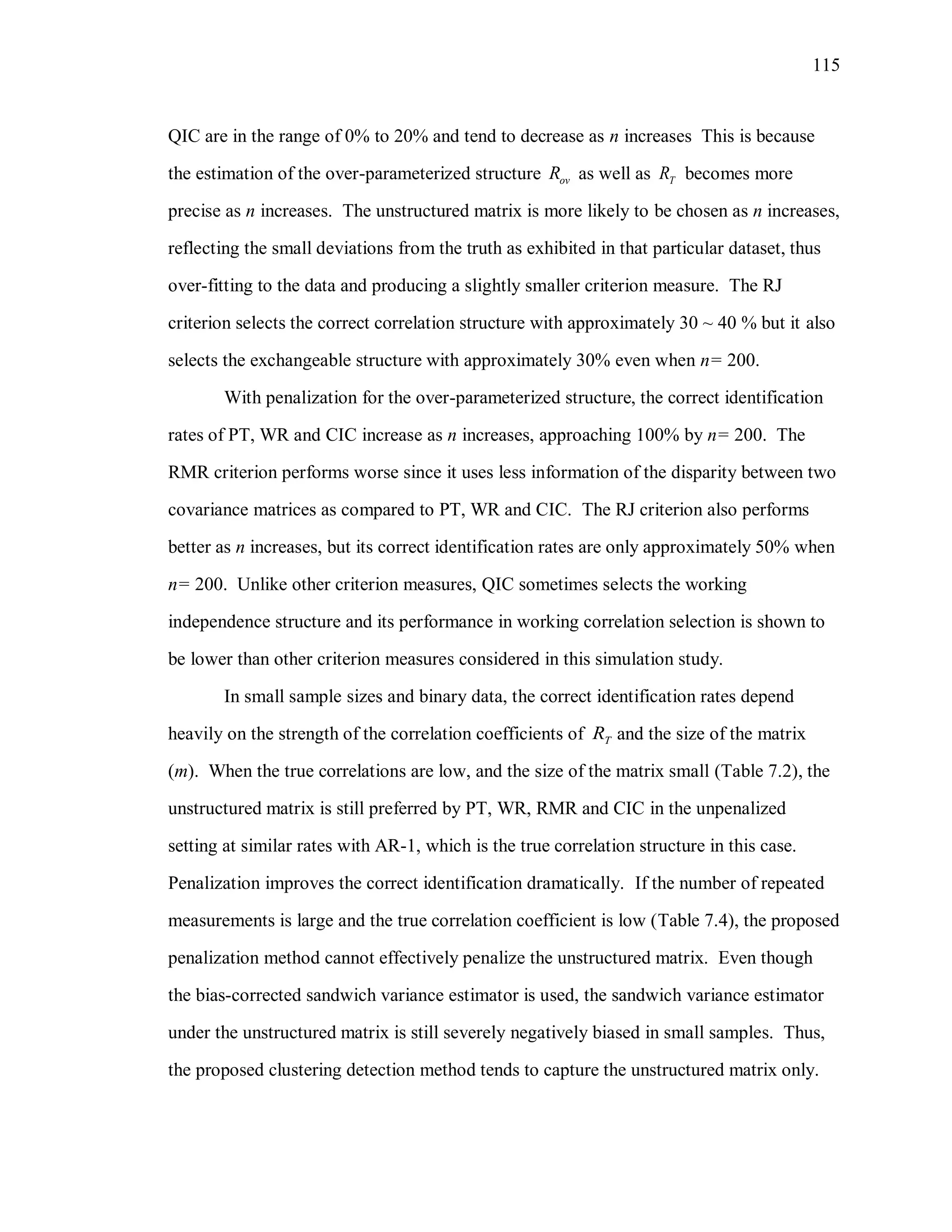 115
QIC are in the range of 0% to 20% and tend to decrease as n increases This is because
the estimation of the over-parameterized structure ovR as well as TR becomes more
precise as n increases. The unstructured matrix is more likely to be chosen as n increases,
reflecting the small deviations from the truth as exhibited in that particular dataset, thus
over-fitting to the data and producing a slightly smaller criterion measure. The RJ
criterion selects the correct correlation structure with approximately 30 ~ 40 % but it also
selects the exchangeable structure with approximately 30% even when n= 200.
With penalization for the over-parameterized structure, the correct identification
rates of PT, WR and CIC increase as n increases, approaching 100% by n= 200. The
RMR criterion performs worse since it uses less information of the disparity between two
covariance matrices as compared to PT, WR and CIC. The RJ criterion also performs
better as n increases, but its correct identification rates are only approximately 50% when
n= 200. Unlike other criterion measures, QIC sometimes selects the working
independence structure and its performance in working correlation selection is shown to
be lower than other criterion measures considered in this simulation study.
In small sample sizes and binary data, the correct identification rates depend
heavily on the strength of the correlation coefficients of TR and the size of the matrix
(m). When the true correlations are low, and the size of the matrix small (Table 7.2), the
unstructured matrix is still preferred by PT, WR, RMR and CIC in the unpenalized
setting at similar rates with AR-1, which is the true correlation structure in this case.
Penalization improves the correct identification dramatically. If the number of repeated
measurements is large and the true correlation coefficient is low (Table 7.4), the proposed
penalization method cannot effectively penalize the unstructured matrix. Even though
the bias-corrected sandwich variance estimator is used, the sandwich variance estimator
under the unstructured matrix is still severely negatively biased in small samples. Thus,
the proposed clustering detection method tends to capture the unstructured matrix only.
 