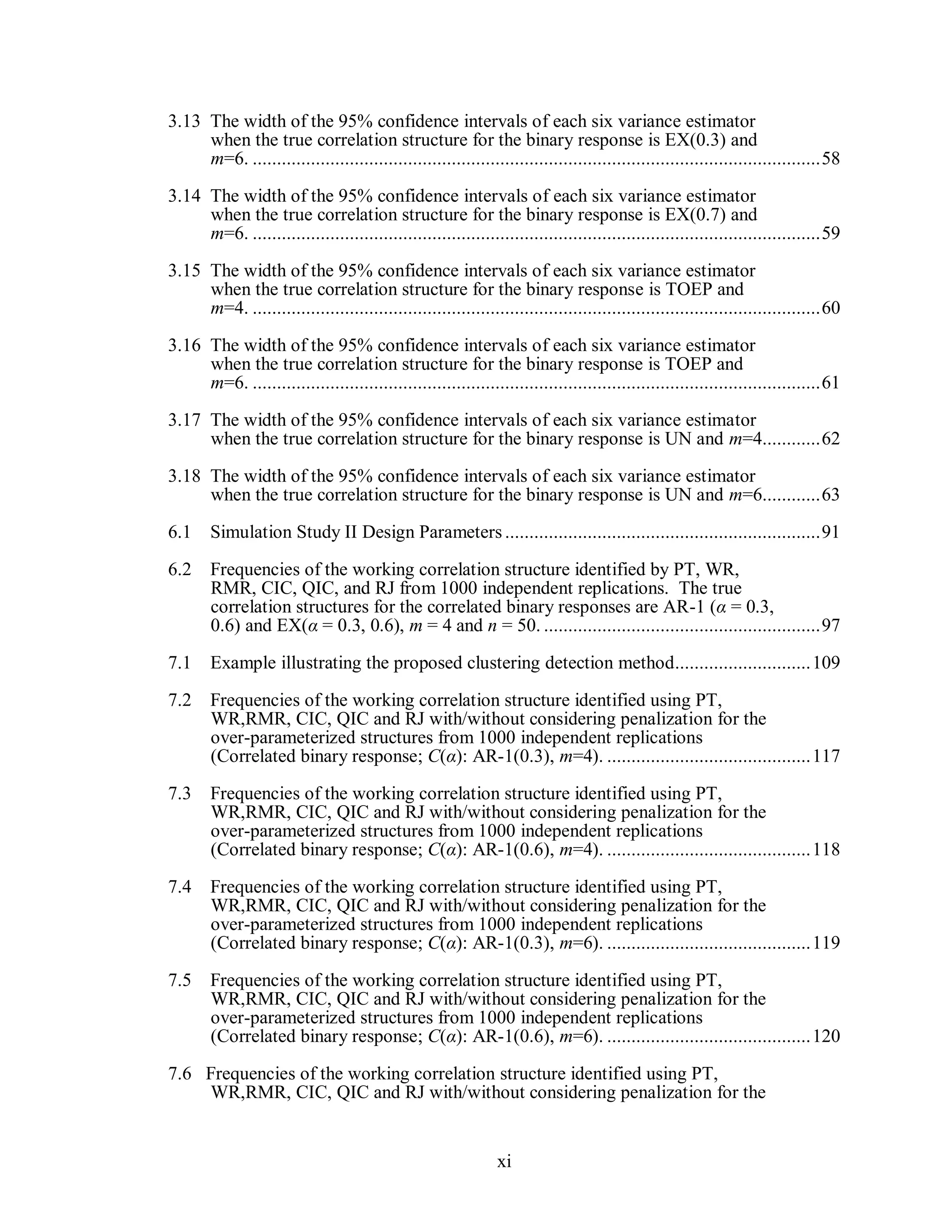 xi
3.13 The width of the 95% confidence intervals of each six variance estimator
when the true correlation structure for the binary response is EX(0.3) and
m=6. .....................................................................................................................58
3.14 The width of the 95% confidence intervals of each six variance estimator
when the true correlation structure for the binary response is EX(0.7) and
m=6. .....................................................................................................................59
3.15 The width of the 95% confidence intervals of each six variance estimator
when the true correlation structure for the binary response is TOEP and
m=4. .....................................................................................................................60
3.16 The width of the 95% confidence intervals of each six variance estimator
when the true correlation structure for the binary response is TOEP and
m=6. .....................................................................................................................61
3.17 The width of the 95% confidence intervals of each six variance estimator
when the true correlation structure for the binary response is UN and m=4............62
3.18 The width of the 95% confidence intervals of each six variance estimator
when the true correlation structure for the binary response is UN and m=6............63
6.1 Simulation Study II Design Parameters.................................................................91
6.2 Frequencies of the working correlation structure identified by PT, WR,
RMR, CIC, QIC, and RJ from 1000 independent replications. The true
correlation structures for the correlated binary responses are AR-1 (α = 0.3,
0.6) and EX(α = 0.3, 0.6), m = 4 and n = 50. .........................................................97
7.1 Example illustrating the proposed clustering detection method............................109
7.2 Frequencies of the working correlation structure identified using PT,
WR,RMR, CIC, QIC and RJ with/without considering penalization for the
over-parameterized structures from 1000 independent replications
(Correlated binary response; C(α): AR-1(0.3), m=4). ..........................................117
7.3 Frequencies of the working correlation structure identified using PT,
WR,RMR, CIC, QIC and RJ with/without considering penalization for the
over-parameterized structures from 1000 independent replications
(Correlated binary response; C(α): AR-1(0.6), m=4). ..........................................118
7.4 Frequencies of the working correlation structure identified using PT,
WR,RMR, CIC, QIC and RJ with/without considering penalization for the
over-parameterized structures from 1000 independent replications
(Correlated binary response; C(α): AR-1(0.3), m=6). ..........................................119
7.5 Frequencies of the working correlation structure identified using PT,
WR,RMR, CIC, QIC and RJ with/without considering penalization for the
over-parameterized structures from 1000 independent replications
(Correlated binary response; C(α): AR-1(0.6), m=6). ..........................................120
7.6 Frequencies of the working correlation structure identified using PT,
WR,RMR, CIC, QIC and RJ with/without considering penalization for the
 