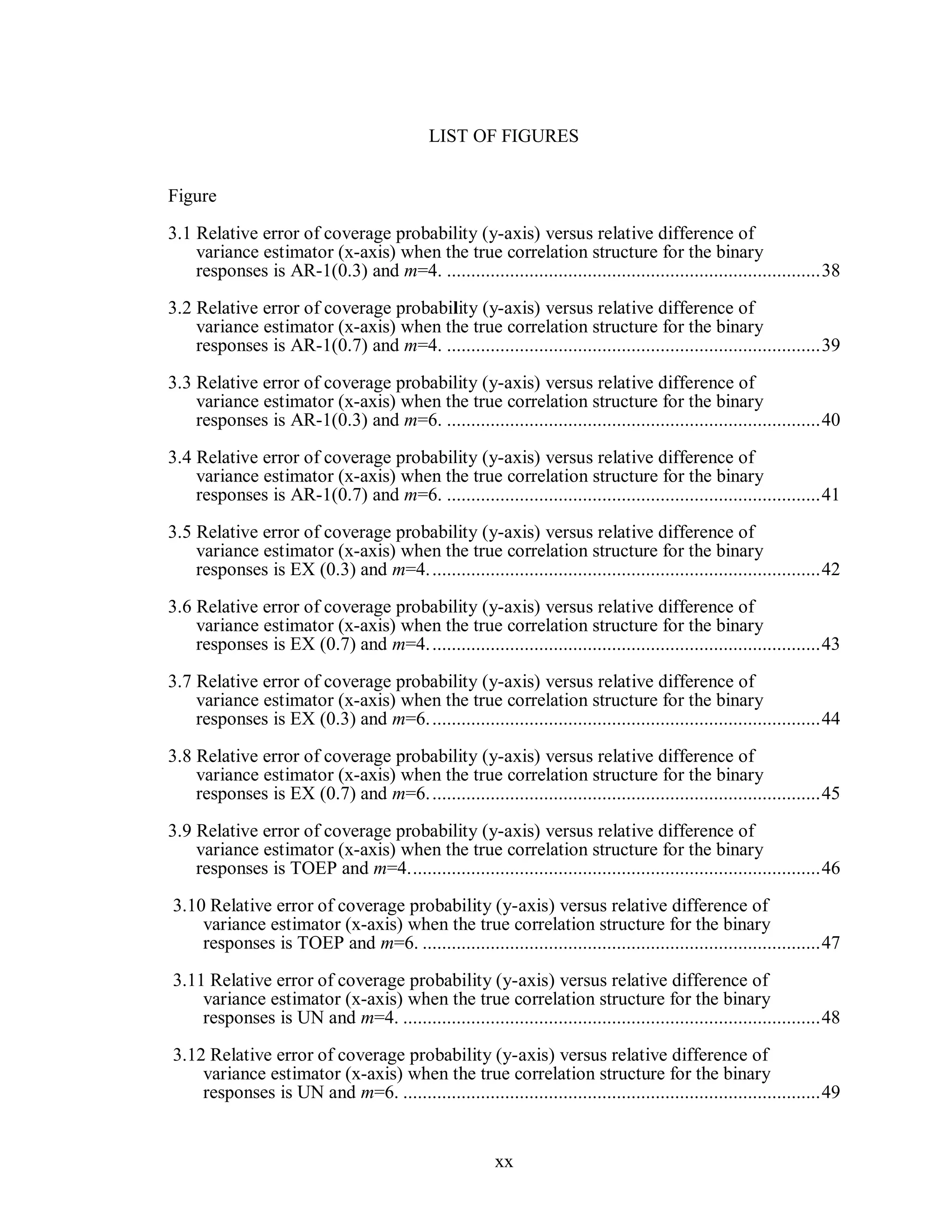 xx
LIST OF FIGURES
Figure
3.1 Relative error of coverage probability (y-axis) versus relative difference of
variance estimator (x-axis) when the true correlation structure for the binary
responses is AR-1(0.3) and m=4. .............................................................................38
3.2 Relative error of coverage probability (y-axis) versus relative difference of
variance estimator (x-axis) when the true correlation structure for the binary
responses is AR-1(0.7) and m=4. .............................................................................39
3.3 Relative error of coverage probability (y-axis) versus relative difference of
variance estimator (x-axis) when the true correlation structure for the binary
responses is AR-1(0.3) and m=6. .............................................................................40
3.4 Relative error of coverage probability (y-axis) versus relative difference of
variance estimator (x-axis) when the true correlation structure for the binary
responses is AR-1(0.7) and m=6. .............................................................................41
3.5 Relative error of coverage probability (y-axis) versus relative difference of
variance estimator (x-axis) when the true correlation structure for the binary
responses is EX (0.3) and m=4.................................................................................42
3.6 Relative error of coverage probability (y-axis) versus relative difference of
variance estimator (x-axis) when the true correlation structure for the binary
responses is EX (0.7) and m=4.................................................................................43
3.7 Relative error of coverage probability (y-axis) versus relative difference of
variance estimator (x-axis) when the true correlation structure for the binary
responses is EX (0.3) and m=6.................................................................................44
3.8 Relative error of coverage probability (y-axis) versus relative difference of
variance estimator (x-axis) when the true correlation structure for the binary
responses is EX (0.7) and m=6.................................................................................45
3.9 Relative error of coverage probability (y-axis) versus relative difference of
variance estimator (x-axis) when the true correlation structure for the binary
responses is TOEP and m=4.....................................................................................46
3.10 Relative error of coverage probability (y-axis) versus relative difference of
variance estimator (x-axis) when the true correlation structure for the binary
responses is TOEP and m=6. ..................................................................................47
3.11 Relative error of coverage probability (y-axis) versus relative difference of
variance estimator (x-axis) when the true correlation structure for the binary
responses is UN and m=4. ......................................................................................48
3.12 Relative error of coverage probability (y-axis) versus relative difference of
variance estimator (x-axis) when the true correlation structure for the binary
responses is UN and m=6. ......................................................................................49
 