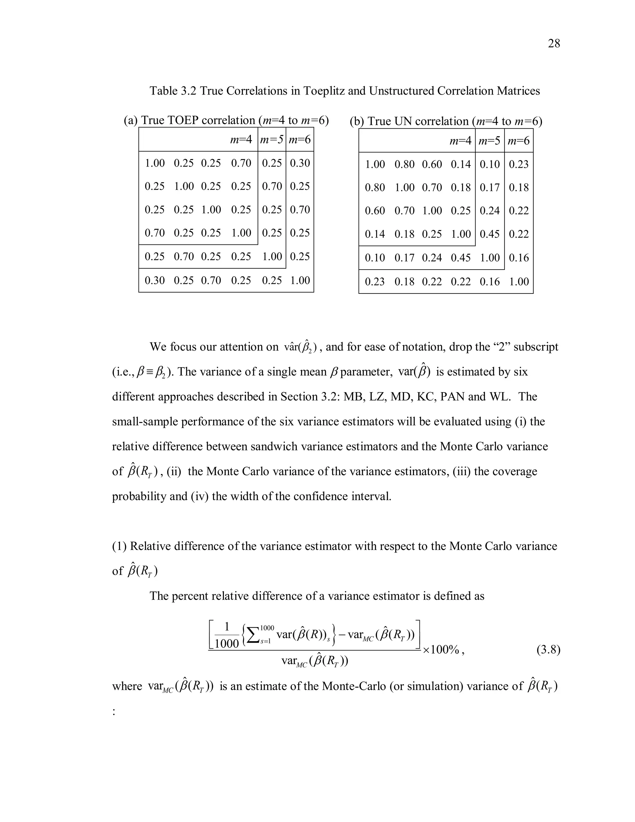 28
Table 3.2 True Correlations in Toeplitz and Unstructured Correlation Matrices
(a) True TOEP correlation (m=4 to m=6)
m=4 m=5 m=6
1.00 0.25 0.25 0.70 0.25 0.30
0.25 1.00 0.25 0.25 0.70 0.25
0.25 0.25 1.00 0.25 0.25 0.70
0.70 0.25 0.25 1.00 0.25 0.25
0.25 0.70 0.25 0.25 1.00 0.25
0.30 0.25 0.70 0.25 0.25 1.00
(b) True UN correlation (m=4 to m=6)
m=4 m=5 m=6
1.00 0.80 0.60 0.14 0.10 0.23
0.80 1.00 0.70 0.18 0.17 0.18
0.60 0.70 1.00 0.25 0.24 0.22
0.14 0.18 0.25 1.00 0.45 0.22
0.10 0.17 0.24 0.45 1.00 0.16
0.23 0.18 0.22 0.22 0.16 1.00
We focus our attention on 2
ˆˆvar( ) , and for ease of notation, drop the “2” subscript
(i.e., 2  ). The variance of a single mean  parameter, ˆvar( ) is estimated by six
different approaches described in Section 3.2: MB, LZ, MD, KC, PAN and WL. The
small-sample performance of the six variance estimators will be evaluated using (i) the
relative difference between sandwich variance estimators and the Monte Carlo variance
of ˆ( )TR , (ii) the Monte Carlo variance of the variance estimators, (iii) the coverage
probability and (iv) the width of the confidence interval.
(1) Relative difference of the variance estimator with respect to the Monte Carlo variance
of ˆ( )TR
The percent relative difference of a variance estimator is defined as
 1000
1
1 ˆ ˆvar( ( )) var ( ( ))
1000 100% ,
ˆvar ( ( ))
s MC Ts
MC T
R R
R
 


 
   

(3.8)
where ˆvar ( ( ))MC TR is an estimate of the Monte-Carlo (or simulation) variance of ˆ( )TR
:
 