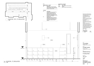 1607
INTERIOR DETAILS
4 STOREY HOUSE
CONTRACT
DOCUMENTATION
J & E STOREY
3010
Title
Drawing Number Current Revision
All work to be in accordance with local
authority's building codes and standards,
The NCC/NZBC and all relevant and
current Aus/NZ Standards.
Verify all dimensions on site before
ordering materials or commencing
construction.
Contractor to notify architect immediately if
there are any discrepancies or errors in
the documentation.
Dimensions from stud for new
partitions/setout.
Dimensions from finished surface for all
existing partitions and for interior details,
joinery etc.
Drawings are design details only.
Contractor to provide shop drawings for
architects approval of all joinery elements
before commencing construction or
ordering materials. Provide finish samples
for architects approval before commencing
construction or ordering materials.
Do not scale off drawings. Use figured
dimensions only.
Status
Client
Project
Job Number
FF CIRCULATION
285 GOOCH STREET
THORNBURY VIC 3071 AUSTRALIA
Scale at A3
1:40, 1:20
CheckedDrawn
JC JC
285 GOOCH STREET
THORNBURY VIC 3071 AUSTRALIA
REVISION DETAILS
ID DESCRIPTION DATE
A TENDER xx.xx.16
A
11253001000
2 335 540 685 985
10
J O I N E R Y / F E N C I N G - O P E N S H E L V E S
3 4 5 6 7 8 9 10 11 12 13 14 15 16 17
20 437 20 447 20 447 20 447 20 437 20 560 646 20
2 335 560 665 985
20307203072030720
1000
L4
MF002
DR
L4
L1
MF004
MF004 MF004
OS OS OS OS OS OS
OSOSOS OS OS OS
OSOSOS OS OS OS
D19
FIRST FLOOR
FL 56,900
JOINERY TOP
FL 57,900
Notes
ABBREVIATIONS1 : JOINERY
Open ShelfOS
Exposed edge DAR, unless otherwise
noted on drawings. Finish to be free from
imperfections such as dust marks, sanding
marks and 'orange peel' effect.
LIGHTING
LED PendantL1
Suspended Pendant Light. Ceiling Rose
mounted to wall - note location on
drawings. All lamps to be warm white
2700K unless otherwise noted - allow
adequate flex for drop adjustment - to be
discussed with Architect/Designer. Refer to
Finishes & Fixtures Schedule.
LED Wall LightL4
Wall Mounted 1700mm FFL to underside
of fitting unless otherwise noted. All
transformers to be concealed, All lamps to
be warm white 2700K unless otherwise
noted. Refer to Finishes & Fixtures
Schedule
MF MATERIALS & FINISHES
Paint - WhiteMF002
Refer to Finishes & Fixtures Schedule
PlywoodMF004
Refer to Finishes & Fixtures Schedule.
1:40
ELEVATION KEY - FF CIRCULATION
10
1:20
ELEVATION FF CIRCULATION
 