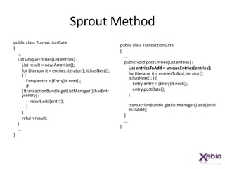 Sprout Methodpublic class TransactionGate{    ...    List uniqueEntries(List entries) {        List result = new ArrayList();        for (Iterator it = entries.iterator(); it.hasNext(); ) {            Entry entry = (Entry)it.next();            if (!transactionBundle.getListManager().hasEntry(entry) {result.add(entry);            }        }        return result;    }    ...}public class TransactionGate{    ...    public void postEntries(List entries) {        List entriesToAdd = uniqueEntries(entries);        for (Iterator it = entriesToAdd.iterator(); it.hasNext(); ) {            Entry entry = (Entry)it.next();entry.postDate();        }transactionBundle.getListManager().add(entriesToAdd);    }    ...}