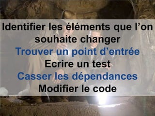 Identifier les éléments que l’on
        souhaite changer
   Trouver un point d’entrée
          Ecrire un test
   Casser les dépendances
         Modifier le code

 © OCTO 2012                   12
 