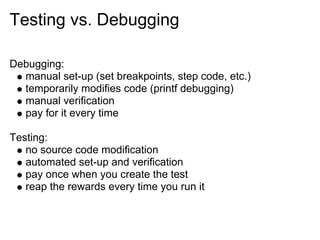 Testing vs. Debugging

Debugging:
  manual set-up (set breakpoints, step code, etc.)
  temporarily modifies code (printf debugging)
  manual verification
  pay for it every time

Testing:
   no source code modification
   automated set-up and verification
   pay once when you create the test
   reap the rewards every time you run it
 