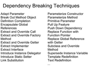 Dependency Breaking Techniques
Adapt Parameter                Parameterize Constructor
Break Out Method Object        Parameterize Method
Definition Completion          Primitive Parameter
Encapsulate Global             Pull Up Feature
References                     Push Down Dependency
Extract and Override Call      Replace Function with
Extract and Override Factory   Function Pointer
Method                         Replace Global Reference
Extract and Override Getter    with Getter
Extract Implementer            Subclass and Override
Extract Interface              Method
Introduce Instance Delegator   Supersede Instance Variable
Introduce Static Setter        Template Redefinition
Link Substitution              Text Redefinition
                               ...
 