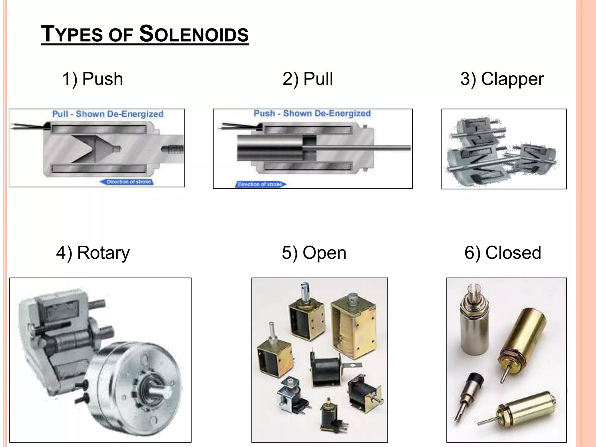 TYPES OF SOLENOIDS
1) Push 2) Pull 3) Clapper
4) Rotary 5) Open 6) Closed
 