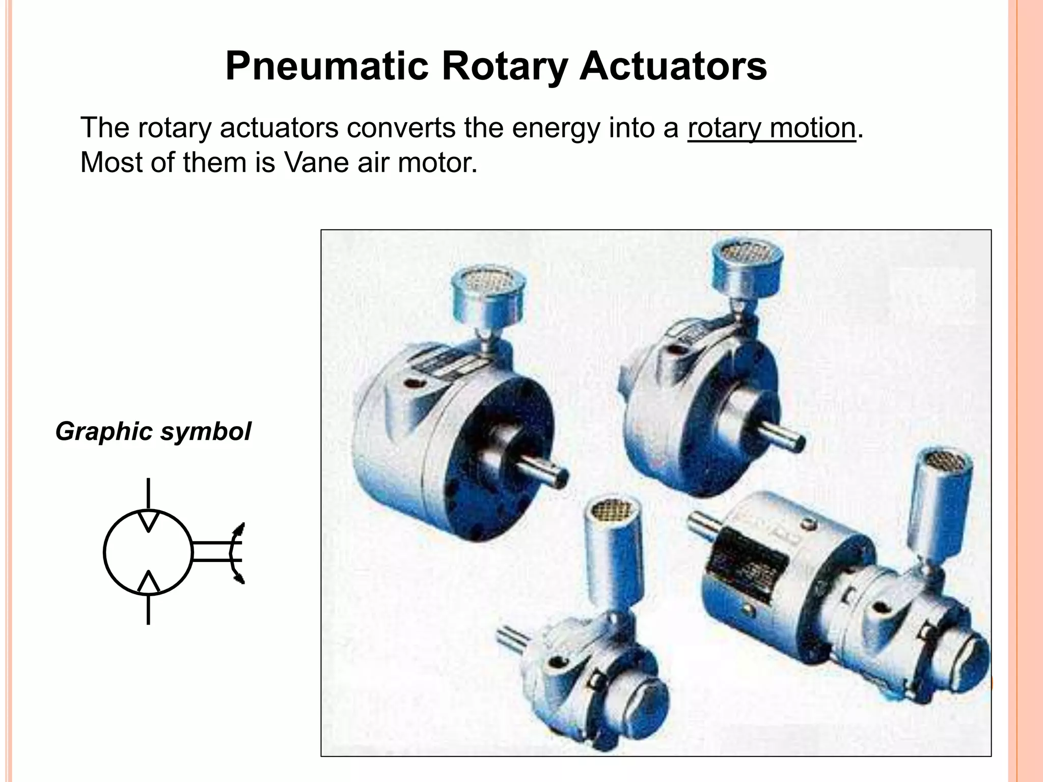 Pneumatic Rotary Actuators
The rotary actuators converts the energy into a rotary motion.
Most of them is Vane air motor.
Graphic symbol
 