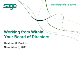 Working from Within:
Your Board of Directors
Heather M. Burton
November 8, 2011
 