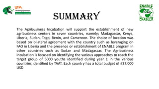 Summary
The Agribusiness Incubation will support the establishment of new
agribusiness centers in seven countries, namely; Madagascar, Kenya,
Liberia, Sudan, Togo, Benin, and Cameroon. The choice of location was
based on bilateral agreement with the country such as leveraging on
FAO in Liberia and the presence or establishment of ENABLE program in
other countries such as Sudan and Madagascar. The Agribusiness
incubation is focused on identifying the various approaches to reach the
target group of 5000 youths identified during year 1 in the various
countries identified by TAAT. Each country has a total budget of #27,000
USD
 