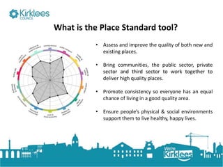 Click to edit Master title style
• Assess and improve the quality of both new and
existing places.
• Bring communities, the public sector, private
sector and third sector to work together to
deliver high quality places.
• Promote consistency so everyone has an equal
chance of living in a good quality area.
• Ensure people’s physical & social environments
support them to live healthy, happy lives.
What is the Place Standard tool?
 