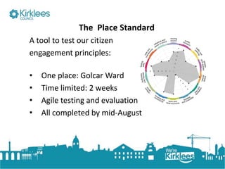 Click to edit Master title style
The Place Standard
A tool to test our citizen
engagement principles:
• One place: Golcar Ward
• Time limited: 2 weeks
• Agile testing and evaluation
• All completed by mid-August
 