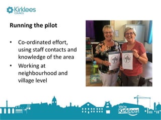 Click to edit Master title style
Running the pilot
• Co-ordinated effort,
using staff contacts and
knowledge of the area
• Working at
neighbourhood and
village level
 