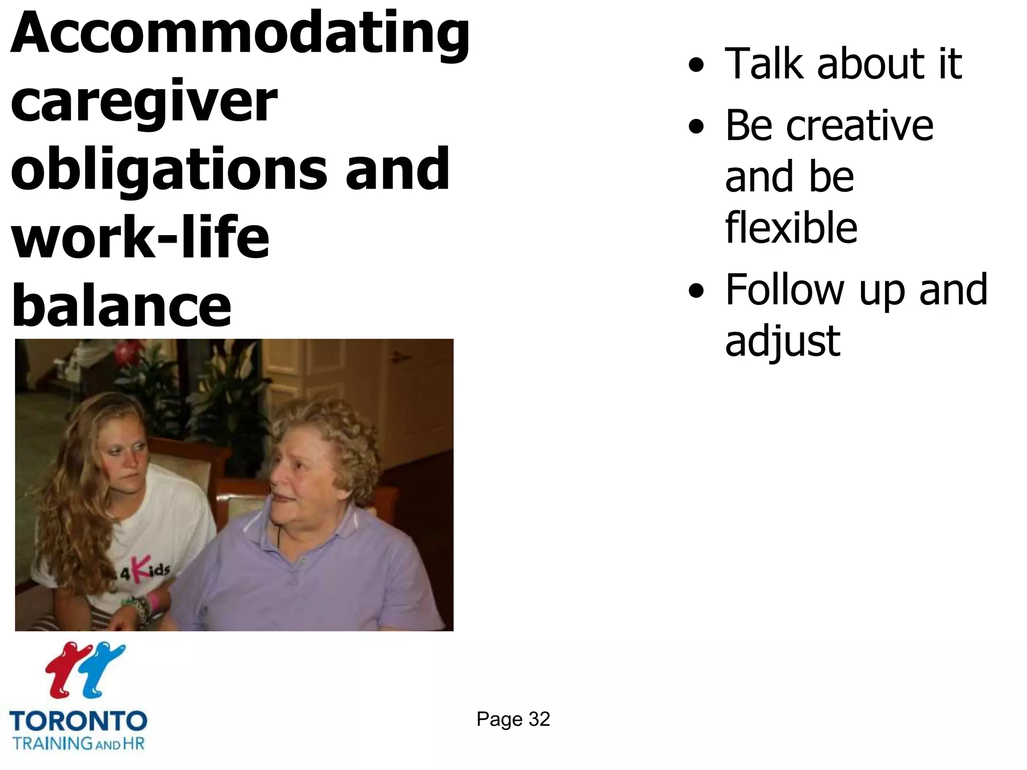Accommodating
caregiver
obligations and
work-life
balance
• Talk about it
• Be creative
and be
flexible
• Follow up and
adjust
Page 32
 