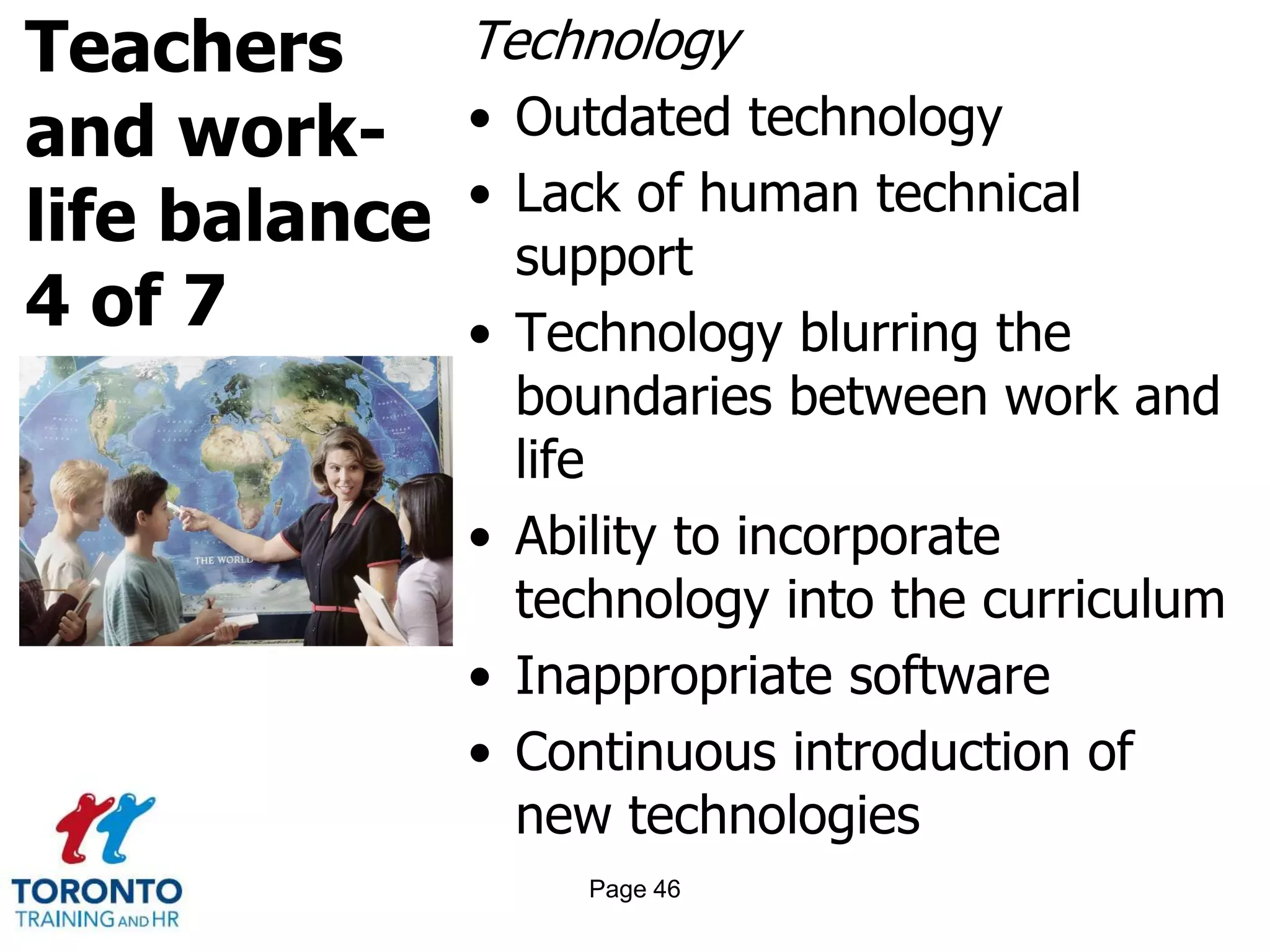 Teachers
and work-
life balance
4 of 7
Technology
• Outdated technology
• Lack of human technical
support
• Technology blurring the
boundaries between work and
life
• Ability to incorporate
technology into the curriculum
• Inappropriate software
• Continuous introduction of
new technologies
Page 46
 