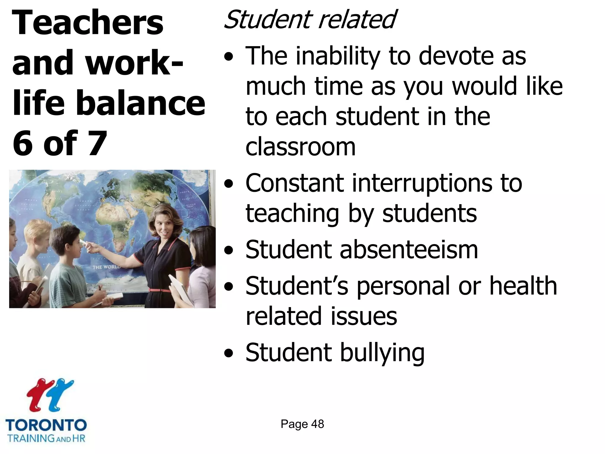Teachers
and work-
life balance
6 of 7
Student related
• The inability to devote as
much time as you would like
to each student in the
classroom
• Constant interruptions to
teaching by students
• Student absenteeism
• Student’s personal or health
related issues
• Student bullying
Page 48
 
