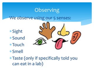 Observing 
We observe using our 5 senses: 
Sight 
Sound 
Touch 
Smell 
Taste (only if specifically told you 
can eat in a lab) 
 