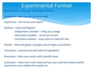 Experimental Format 
Aim/Purpose – what you are trying to find out 
Equipment – gear you are going to need 
Hypothesis – the results you expect 
Method – steps and diagram 
- independent variables – thing you change 
- dependent variables - result you record 
- controlled variables – keep same to make fair test 
Results – data and graph, averages, percentages, calculations 
Conclusion – answers aim and refers to hypothesis 
Discussion – links your results with scientific ideas 
Evaluation – what went well, what and how you could have improved the 
experiment, how reliable the results are 
 